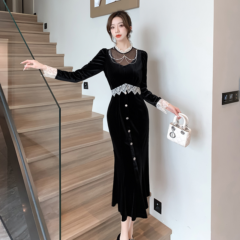 Lace cstand collar long dress puff sleeve velvet dress