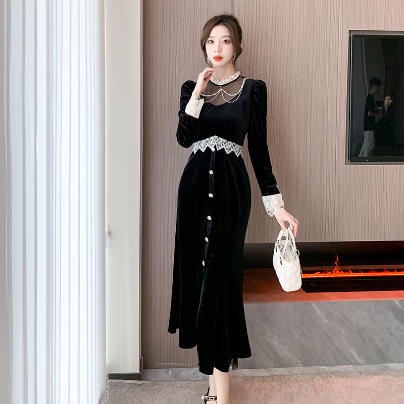 Lace cstand collar long dress puff sleeve velvet dress