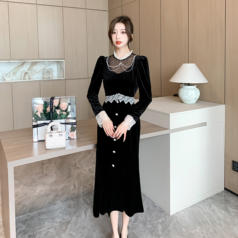 Lace cstand collar long dress puff sleeve velvet dress