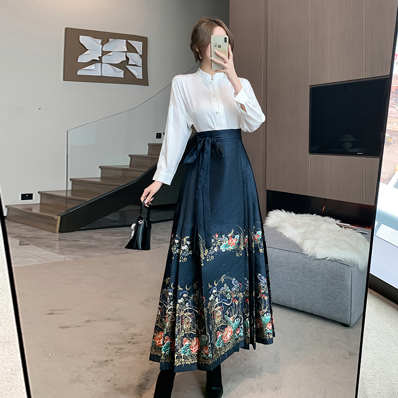 Blue shirt Chinese style skirt 2pcs set for women
