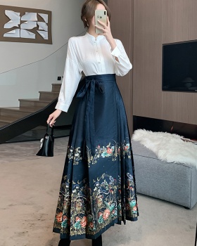 Blue shirt Chinese style skirt 2pcs set for women
