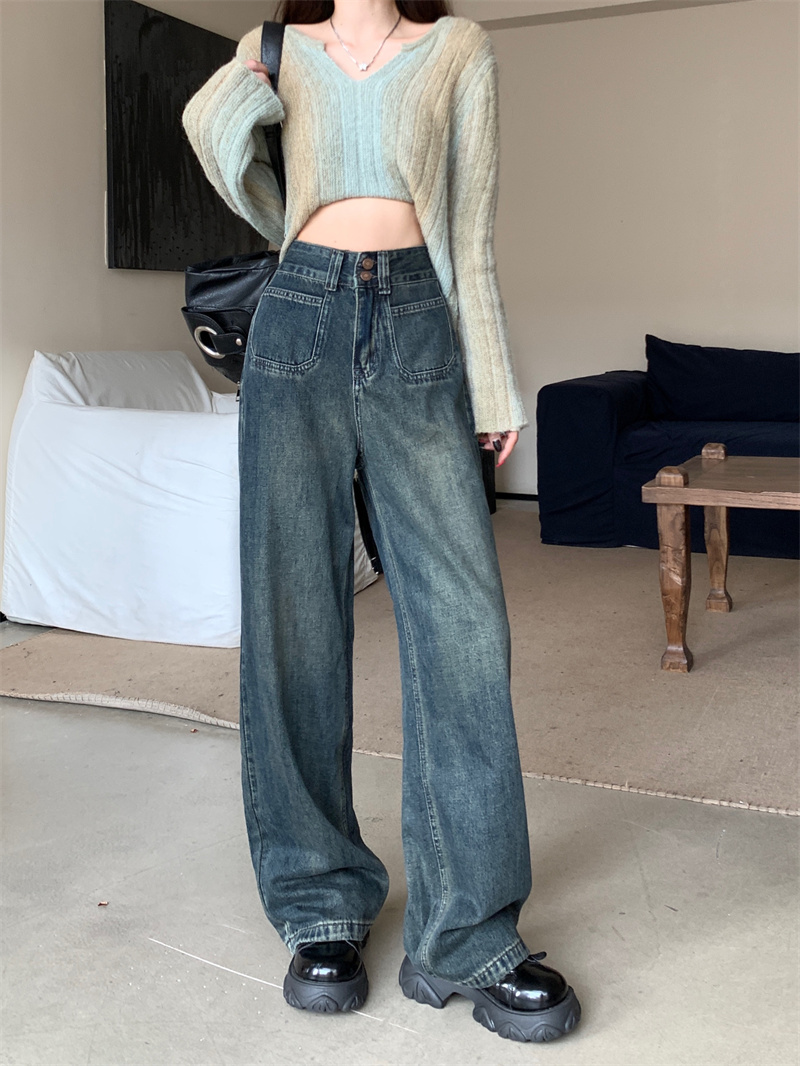 Straight wide leg pants mopping jeans for women