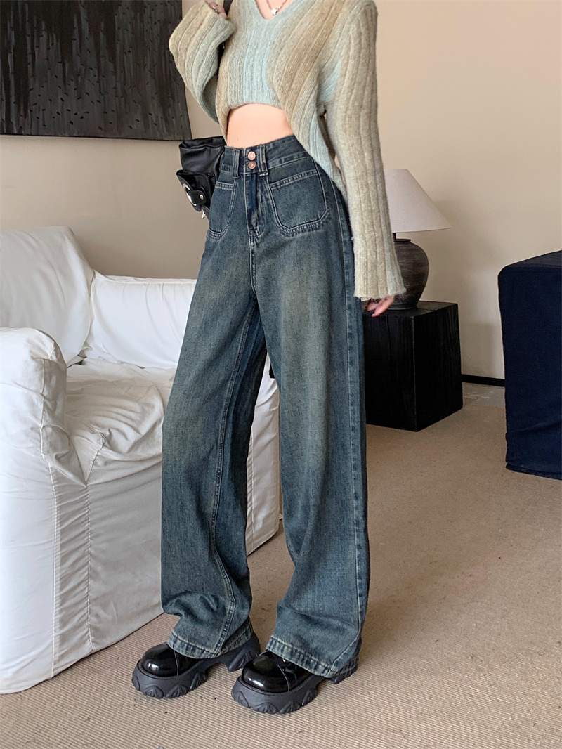 Straight wide leg pants mopping jeans for women