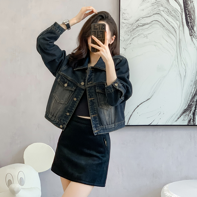 Thick all-match winter retro coat denim thermal washed tops