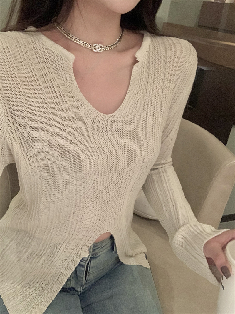 V-neck long sleeve temperament sweater split slim tops
