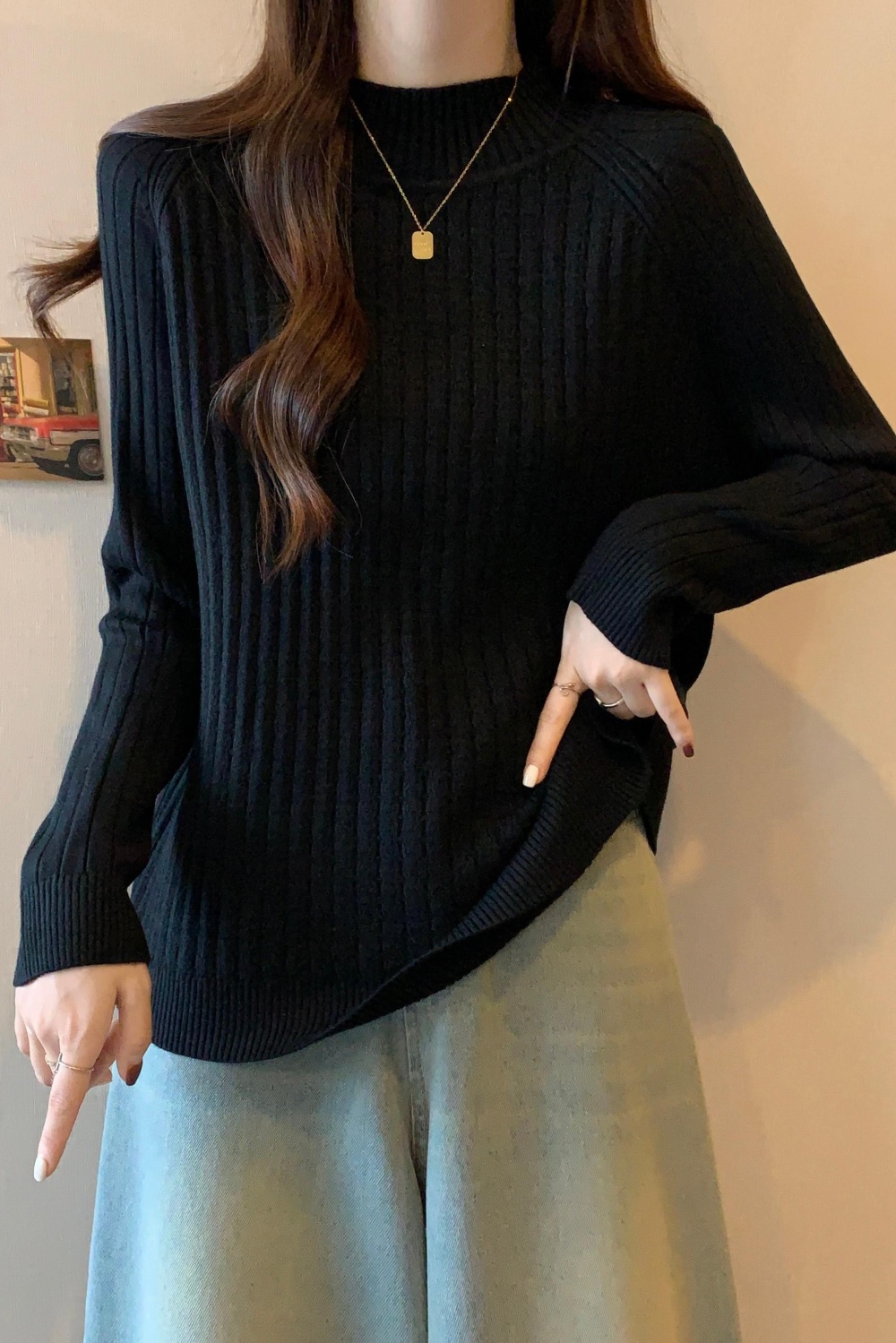 Simple slim lazy half high collar thick sweater for women