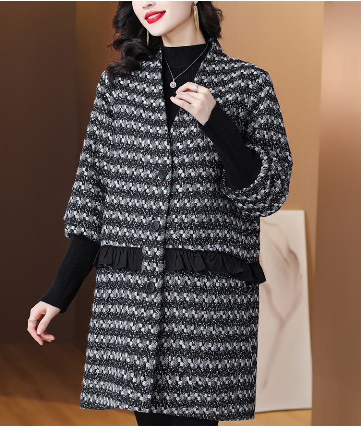 Winter V-neck stripe cotton coat knitted loose long coat