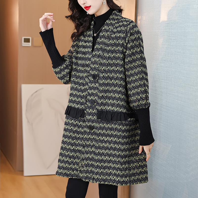 Winter V-neck stripe cotton coat knitted loose long coat