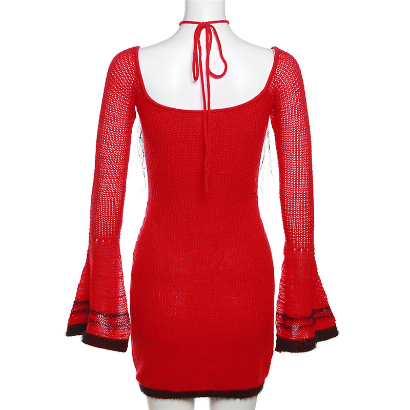 Sling hollow halter knitted splice package hip autumn dress