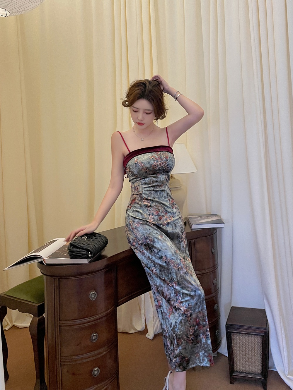 Retro long dress Chinese style strap dress for women