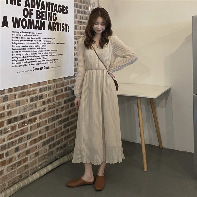 Tender chiffon elastic waist autumn Korean style dress