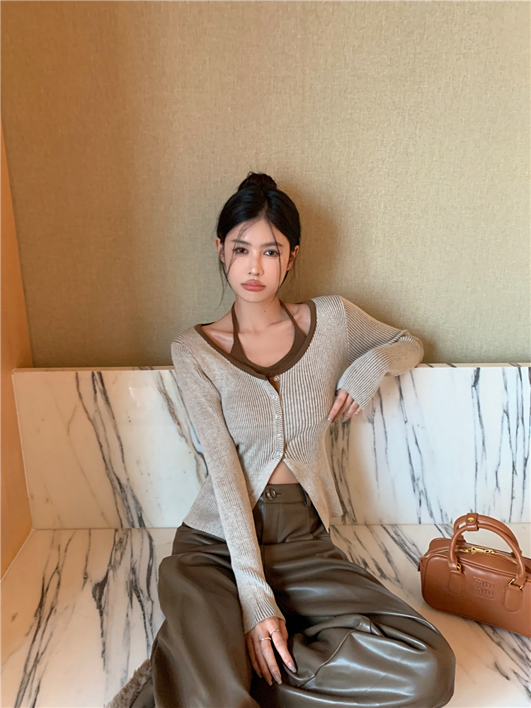 Split slim long sleeve tops halter autumn sweater for women
