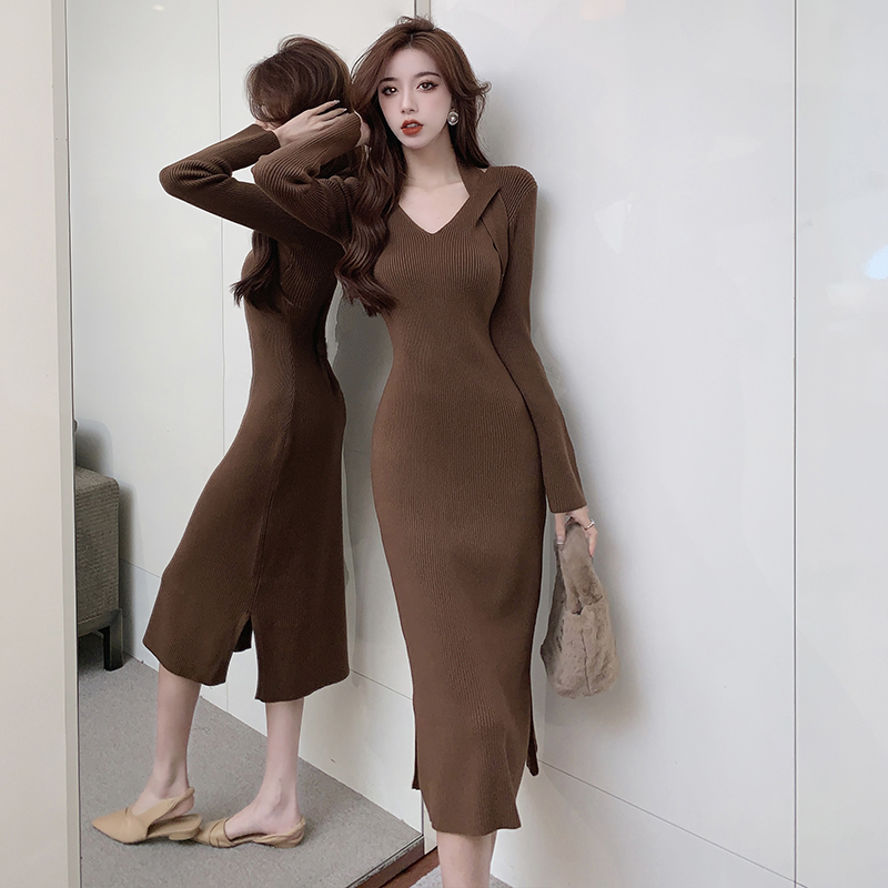 Knitted autumn and winter dress France style long dress