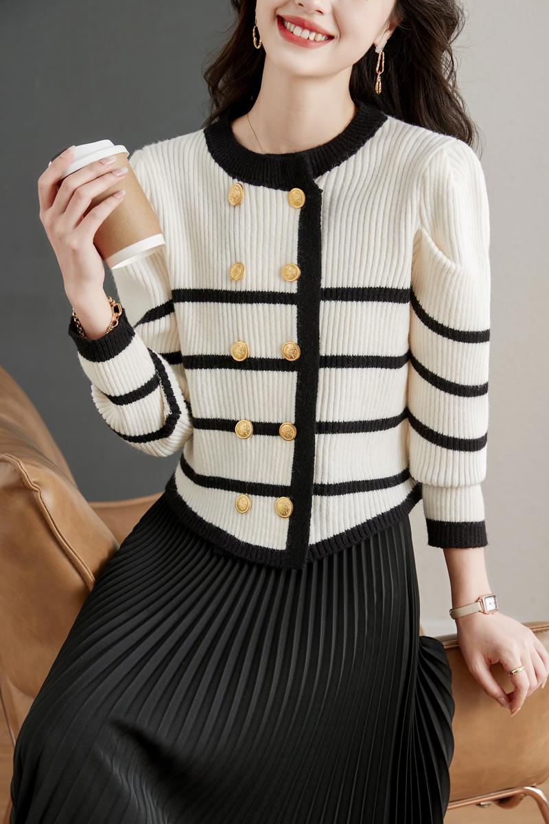 Lazy thick double-breasted coat chanelstyle stripe sweater
