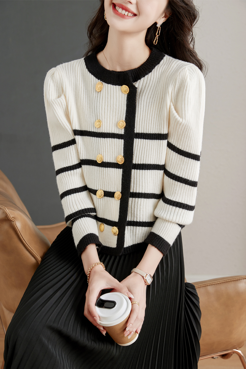 Lazy thick double-breasted coat chanelstyle stripe sweater