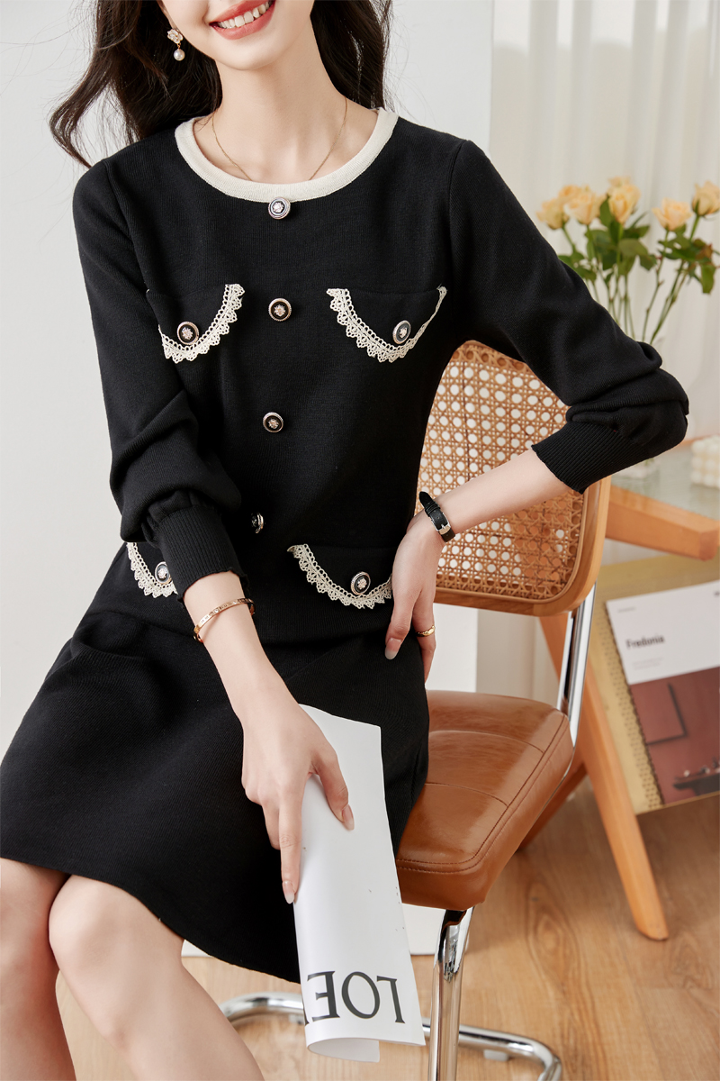 Pinched waist autumn and winter A-line thick knitted dress
