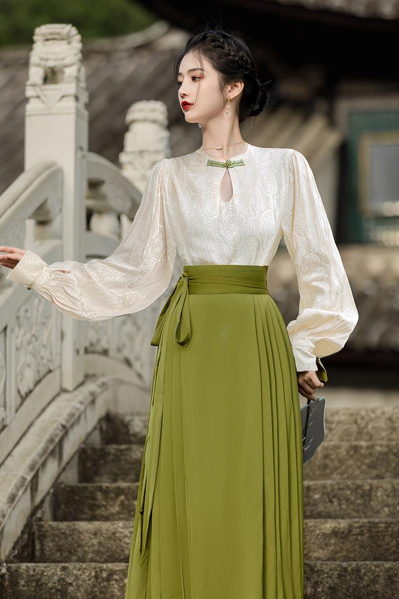 Jacquard skirt Chinese style tops 2pcs set