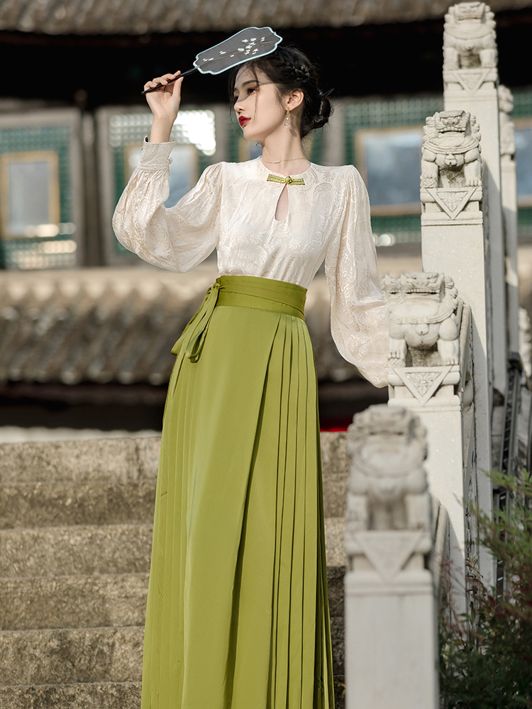 Jacquard skirt Chinese style tops 2pcs set