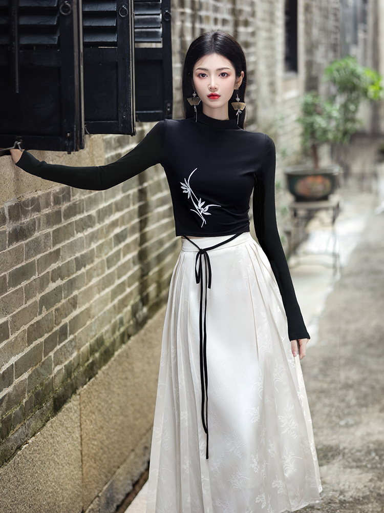 Chinese style mixed colors skirt long sleeve tops 2pcs set