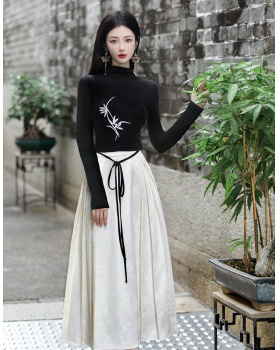 Chinese style mixed colors skirt long sleeve tops 2pcs set