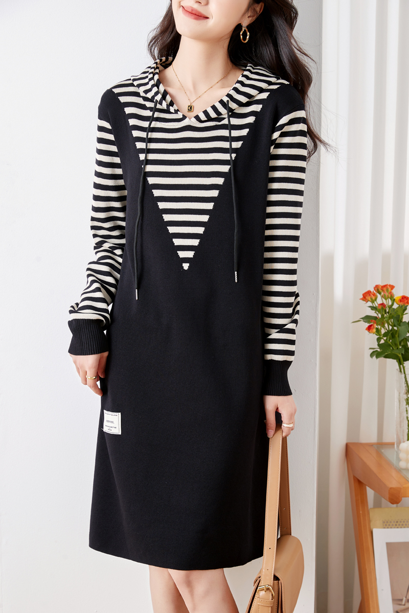 Fashion Casual stripe dress hooded mixed colors hoodie