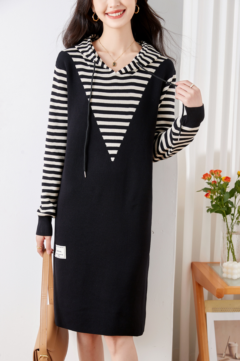 Fashion Casual stripe dress hooded mixed colors hoodie
