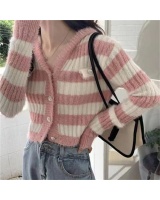 Stripe all-match knitted coat hooded autumn tops