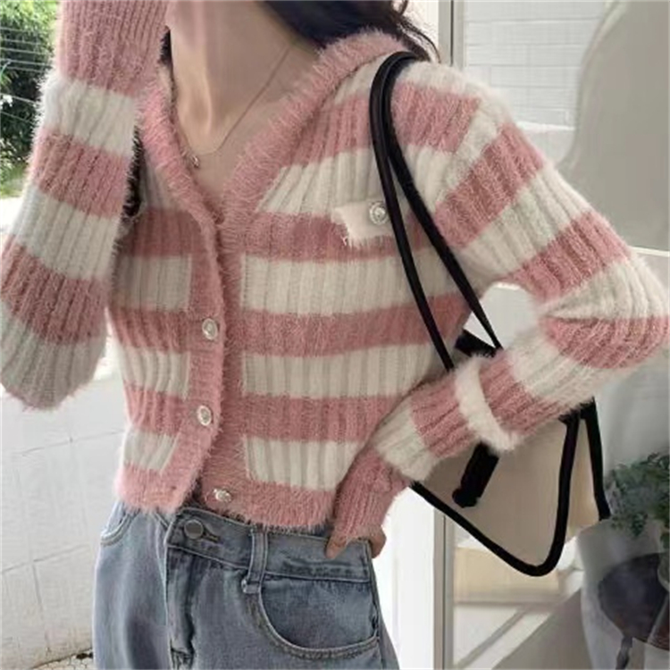 Stripe all-match knitted coat hooded autumn tops