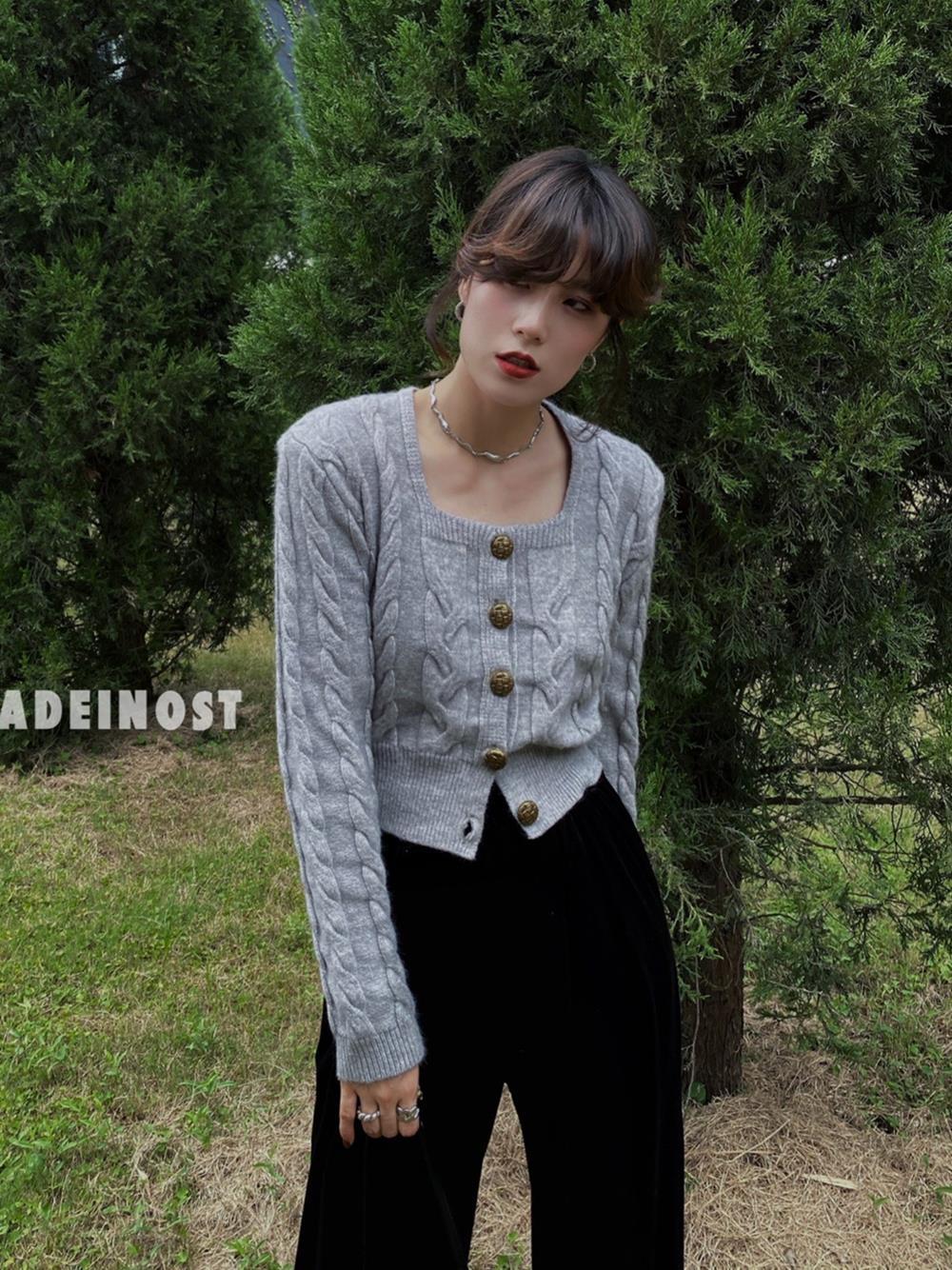 Square collar retro cardigan spring sweater for women