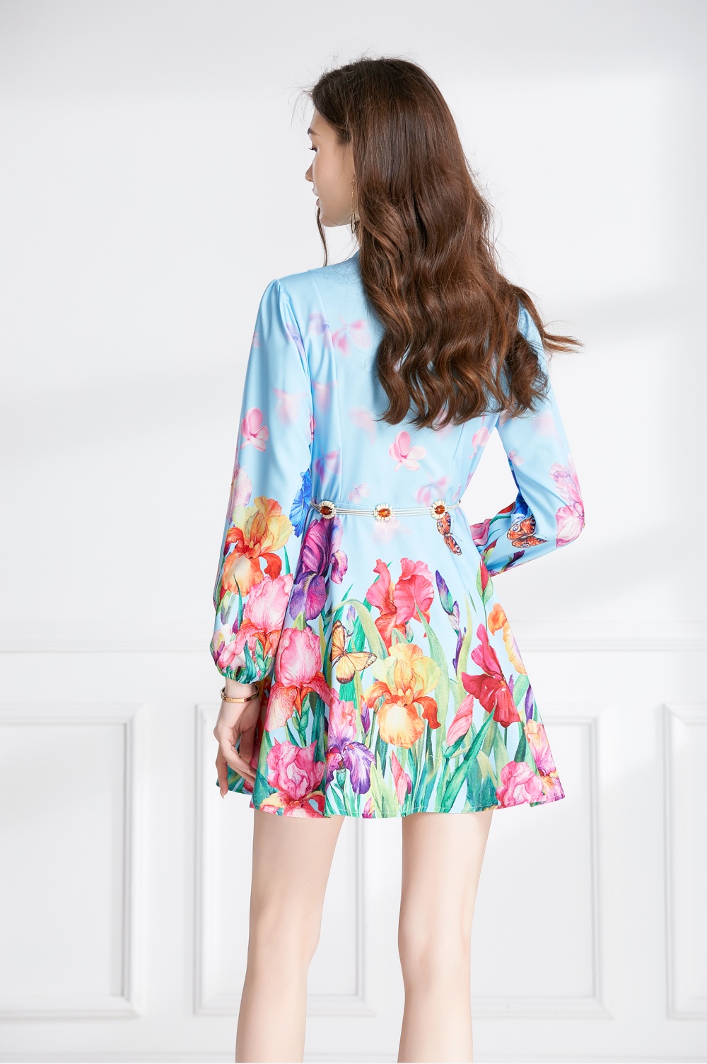 Printing pinched waist lantern sleeve flowers T-back