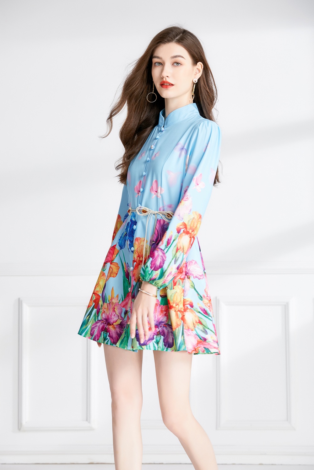 Printing pinched waist lantern sleeve flowers T-back