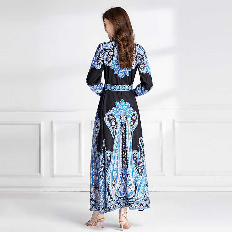 Flax printing long dress pinched waist jumpsuit