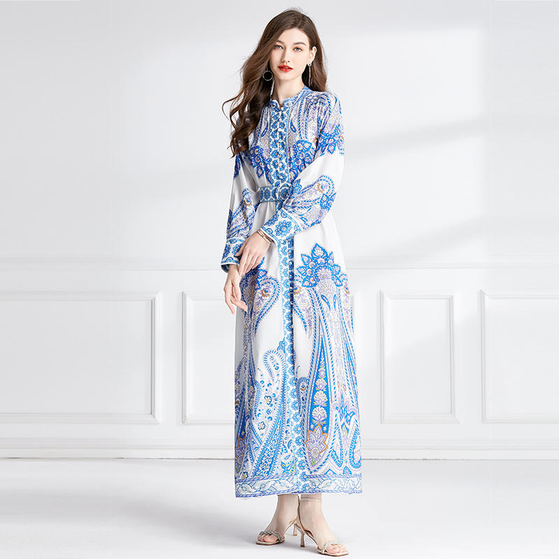 Printing flax long dress vacation spring and autumn jumpsuit