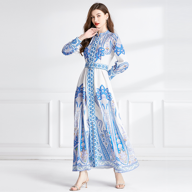 Printing flax long dress vacation spring and autumn jumpsuit