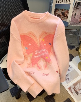 Butterfly embroidery tops round neck sweater for women
