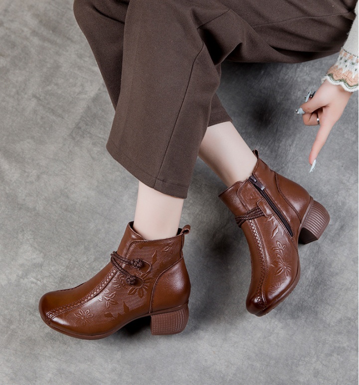 Thick round short boots embossing boots for women