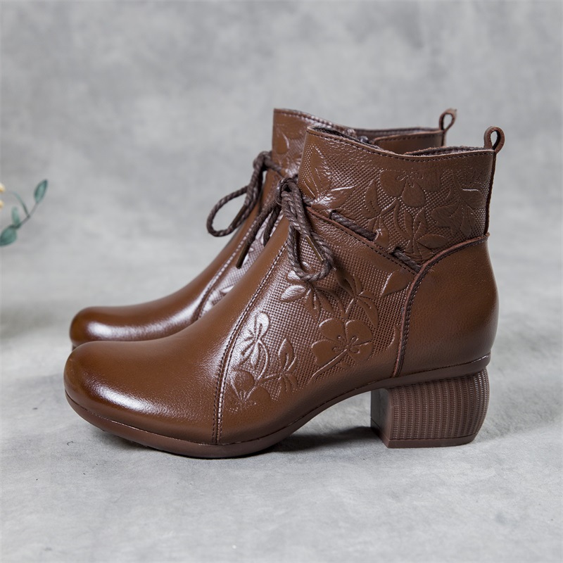Embossing short boots first layer cowhide boots for women