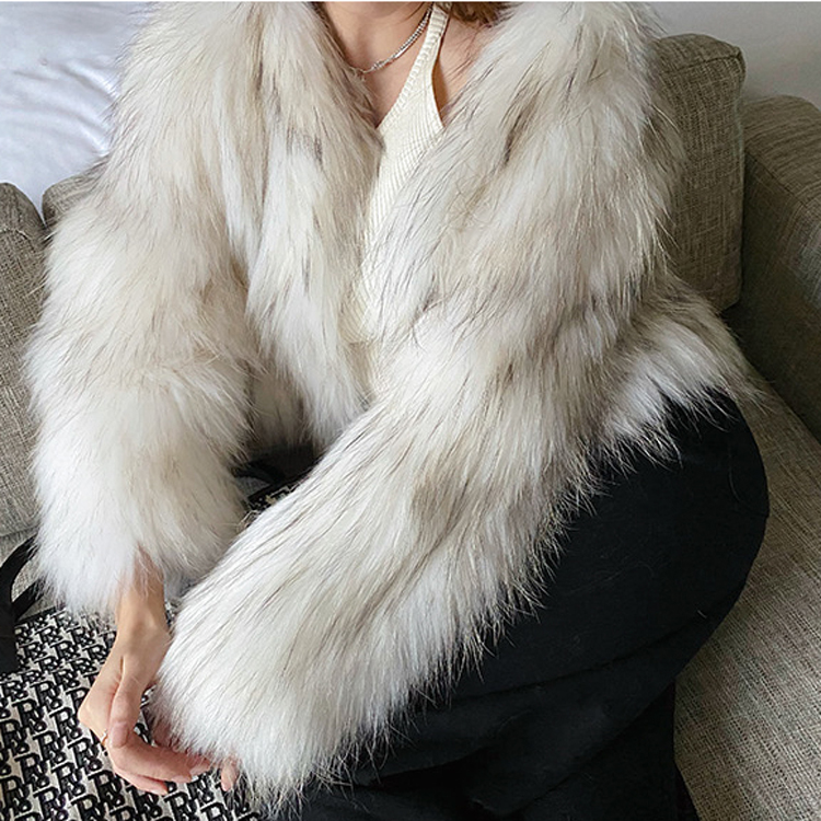 Raccoon fur long sleeve coat slim overcoat for women