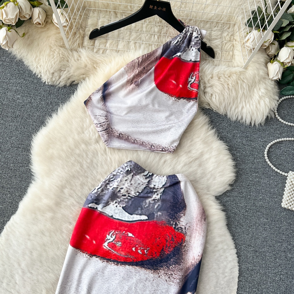 Oblique collar high waist skirt printing vest a set for women