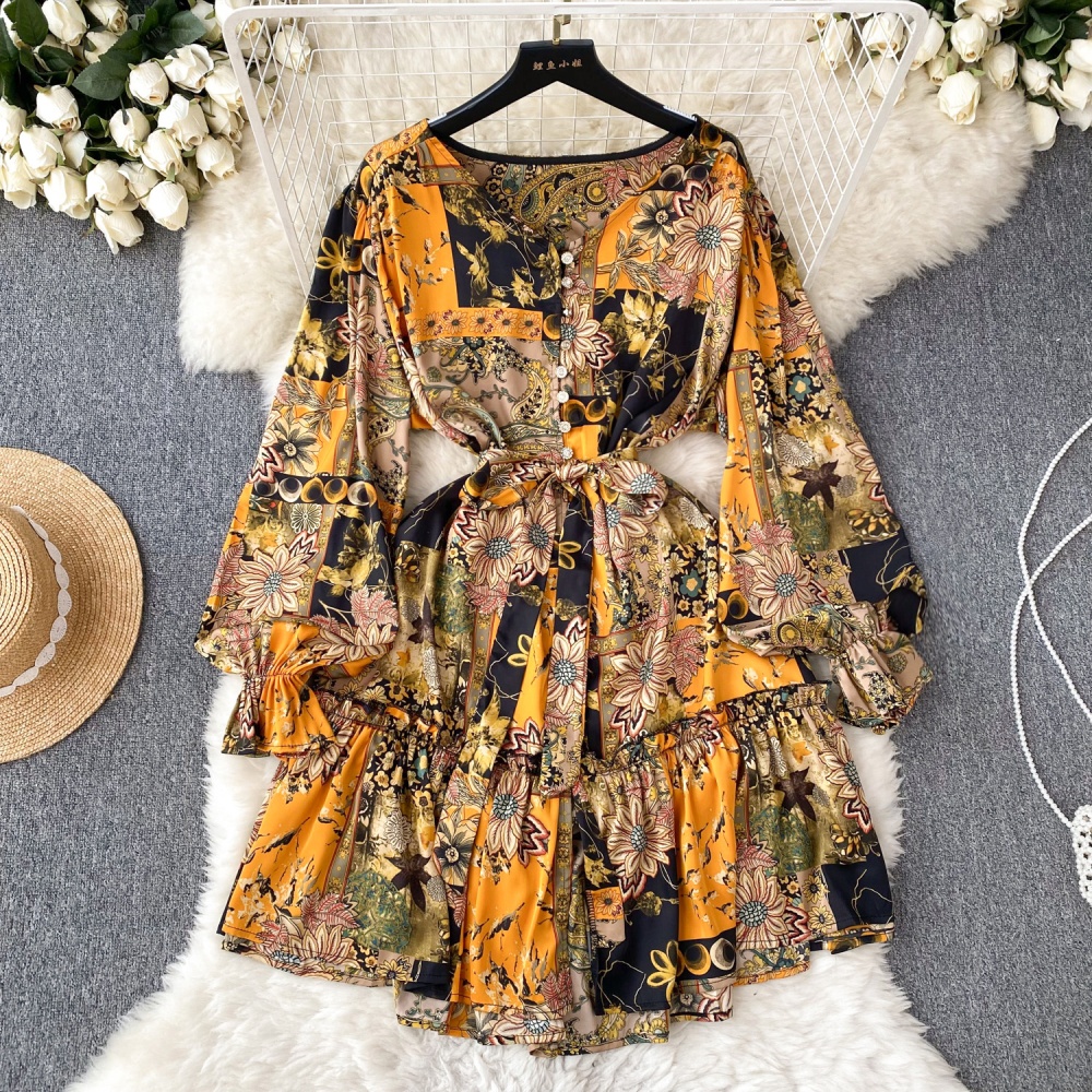 Long sleeve lazy T-back printing dress for women