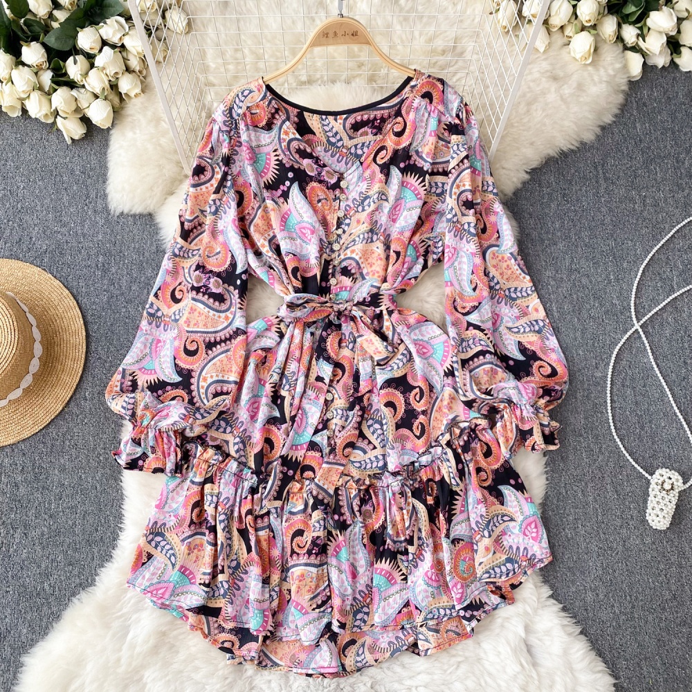 Long sleeve lazy T-back printing dress for women