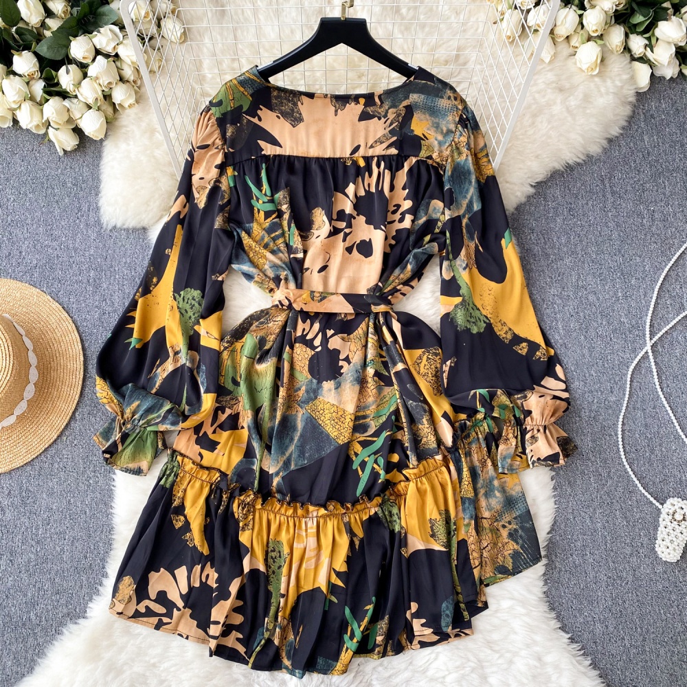 Elegant autumn T-back long sleeve printing dress for women