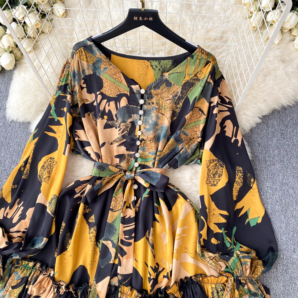 Elegant autumn T-back long sleeve printing dress for women