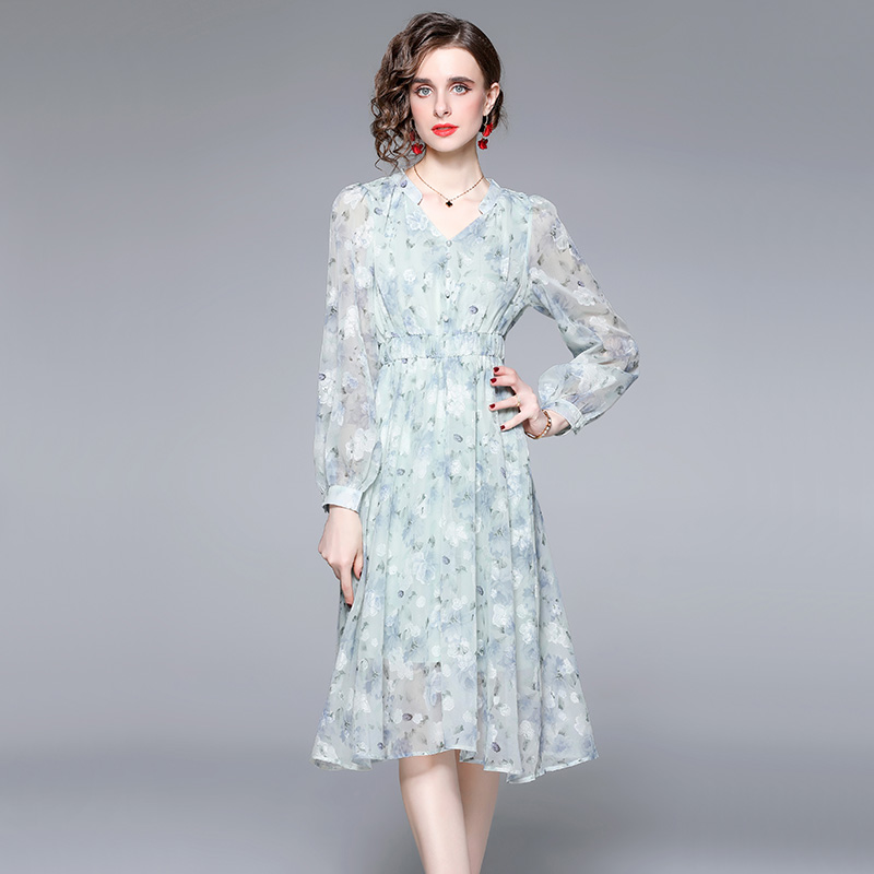 Autumn printing jacquard V-neck dress for women