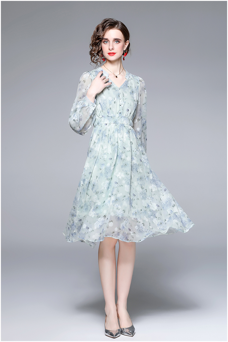 Autumn printing jacquard V-neck dress for women