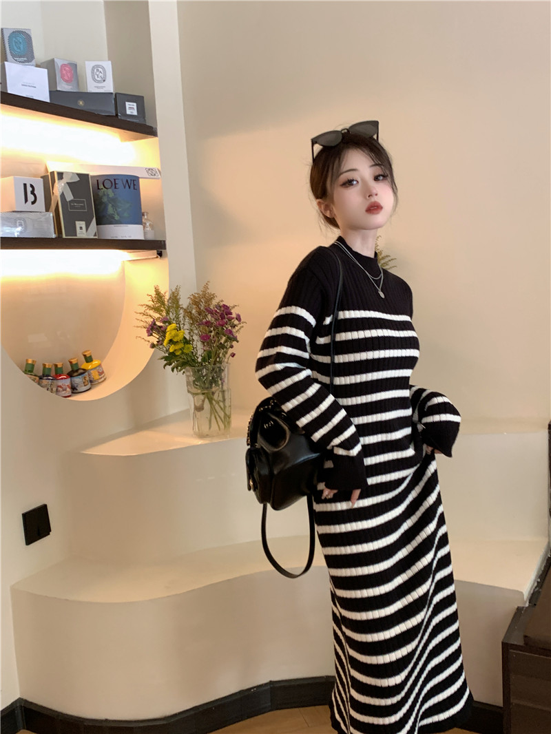 Slim stripe tender long dress lazy Korean style overcoat