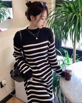 Slim stripe tender long dress lazy Korean style overcoat
