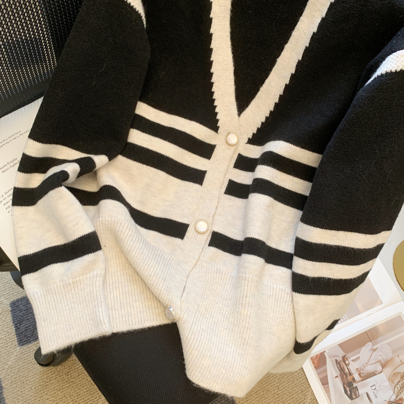 Mixed colors loose sweater stripe cardigan for women