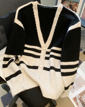 Mixed colors loose sweater stripe cardigan for women