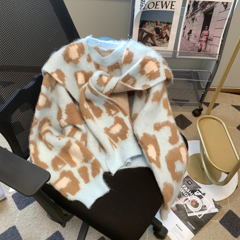 Autumn and winter lazy sweater loose leopard shawl 2pcs set